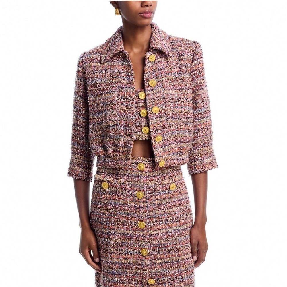 L'AGENCE Jia Tweed Crop Jacket Mauve Tan Gold Button 1884PVJ MTSD Womens 10 New